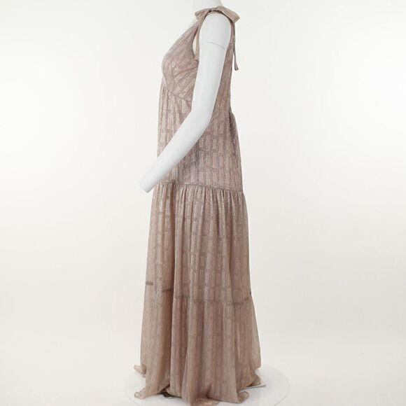 Taylor Metallic-Knit Smocked V-Neck a-Line Dress - Rose - Picture 3 of 5